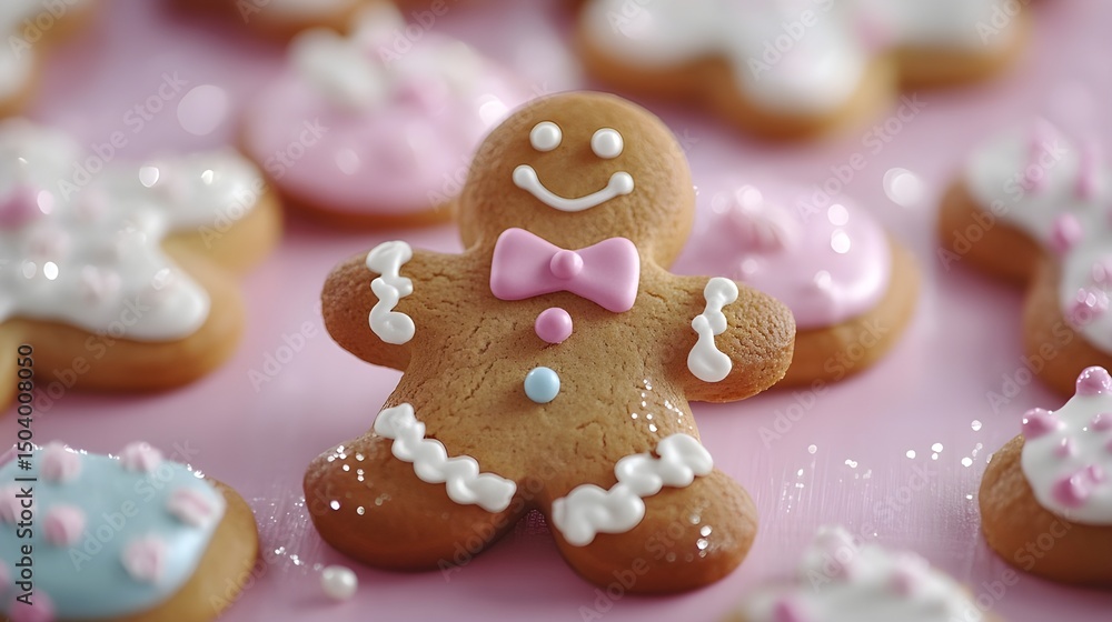Gingerbread man cookie smiling brightly in a whimsical sugary wonderland adorned with pastel icing on a festive pink Gingerbread man cookie smiling brightly in a whimsical sugary wonderland adorned with pastel icing on a festive pink