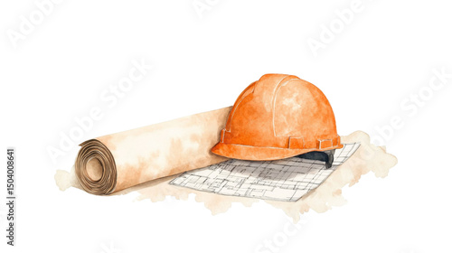 Watercolor painting of construction helmet, blueprint, and rolled paper, symbolizing construction and planning