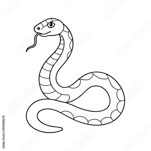 The outlined cartoon snake shows its tongue, with scales visible, on white