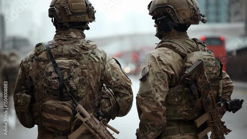 Two soldiers in camouflage gear with rifles are seen from the back walking on a grey city street during a cloudy day.