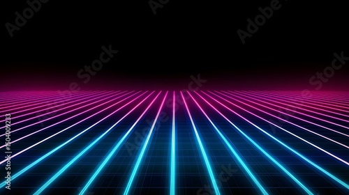 The image contains a dark background with numerous bright pink and cyan neon lines arranged in a grid pattern, creating a perspective effect that resembles a glowing road or futuristic landscape.
