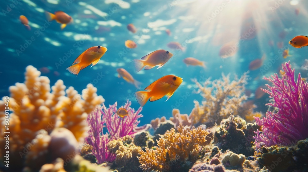 Naklejka premium 28.A dynamic marine illustration showing a variety of tropical fish swimming amidst coral reefs, with soft gradients and a radiant blue ocean background for depth.