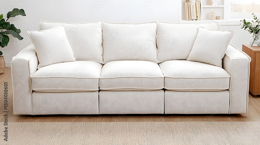 Fototapeta premium Spacious Living Room Featuring a Comfortable White Sofa with Textured Fabric and Decorative Pillows