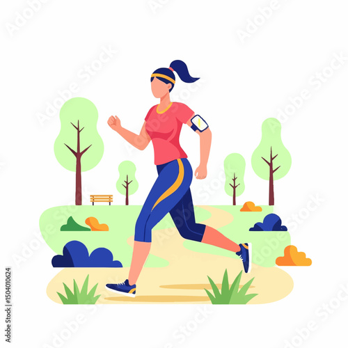 Adobe illustrator artwork vector illustration of a woman running in a park on a sunny day, promoting a healthy and active lifestyle