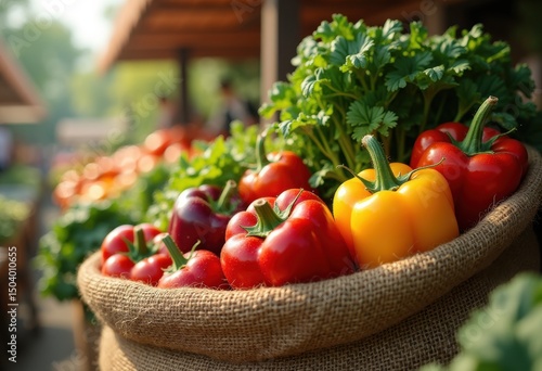 vibrant organic vegetables textured burlap sack fresh produce market harvest, colorful, garden, farm, peppers, tomatoes, carrots, lettuce, herbs, radish