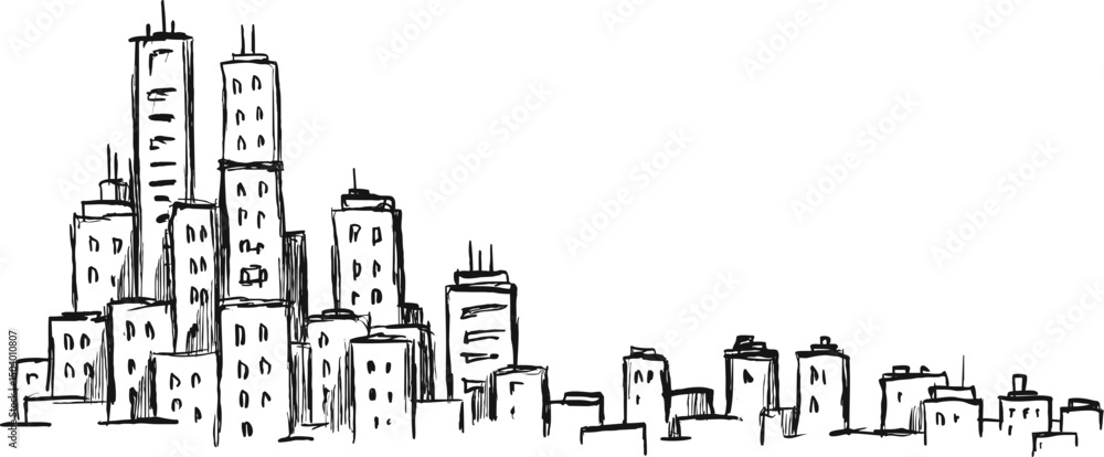 Obraz premium Hand drawn ink sketch city panorama in doodle outline style. Vector illustration urban landscape.