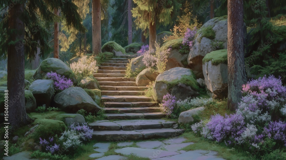 Serene Stone Steps in a Mossy Forest Path Serene Stone Steps in a Mossy Forest Path
