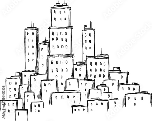 Hand drawn ink sketch city panorama in doodle outline style. Vector illustration urban landscape.