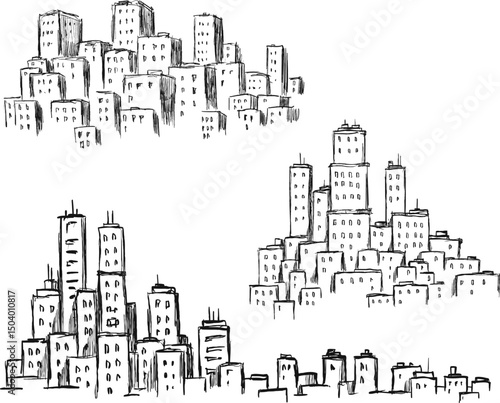 Hand drawn ink sketch city panorama in doodle outline style. Set of vector illustration urban landscape.