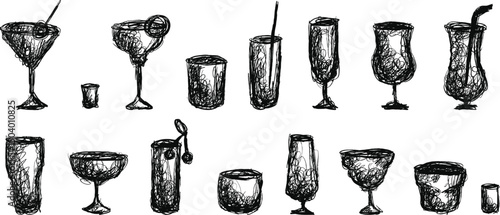 Hand drawn sketches of glass for cocktail or alcohol in doodle outline style. Monochrome vector illustration.