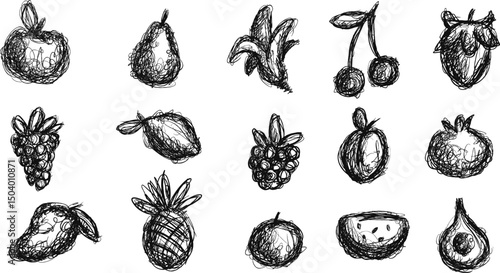 Hand drawn sketches tasty fruits in doodle style. Collection of healthy food. Vector curly elements. Apple, plum, banana, cherry, mango, cherry, lemon, orange, grapes.