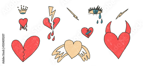 Broken hearts, crow, devil horns crayon drawn set. Breakup marker doodles isolated on white background. Love naive hand drawn painting elements. Vector punk rock by pencil illustration.