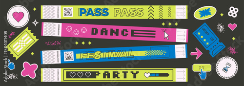 Stickers shapes and hand bracelet tickets set. Music festival, party, concert wristbands, patches in retro rave style. Paper y2k show stamps and pixel art labels. Vector promo tags and 8 bit badges.