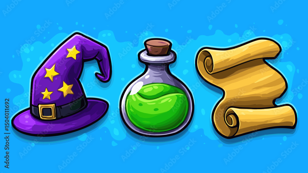 Colorful wizard hat, potion bottle, and scroll on a bright blue background create a magical atmosphere for fantasy-themed adventures Colorful wizard hat, potion bottle, and scroll on a bright blue background create a magical atmosphere for fantasy-themed adventures