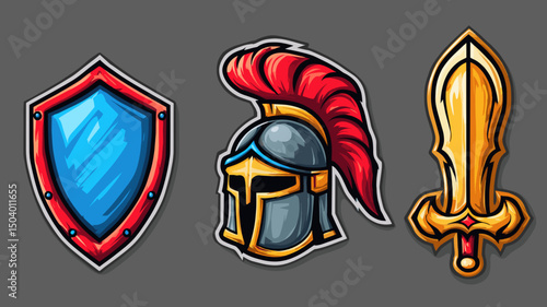 Colorful medieval shield, helmet, and sword designs on a gray background showcasing classic weaponry