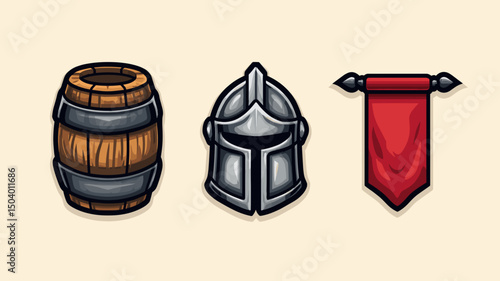 Decorative elements including a wooden barrel, metal helmet, and red banner in a medieval fantasy style design