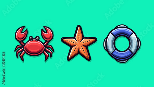Coastal elements featuring a crab, starfish, and lifebuoy on a bright background