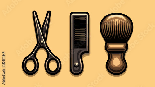 Tools used in traditional barbering showcasing scissors, comb, and shaving brush on a warm background