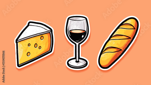 Delicious cheese, wine glass, and fresh baguette displayed on a vibrant orange background