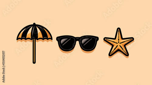 Summer beach essentials include a colorful umbrella, stylish sunglasses, and a vibrant starfish on a light background