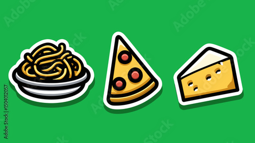 Colorful food stickers featuring pasta, pizza, and cheese on a vibrant green background