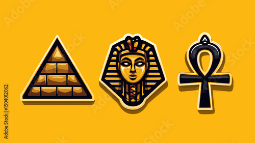 Egyptian symbols including a pyramid, pharaoh mask, and ankh on a vibrant yellow background