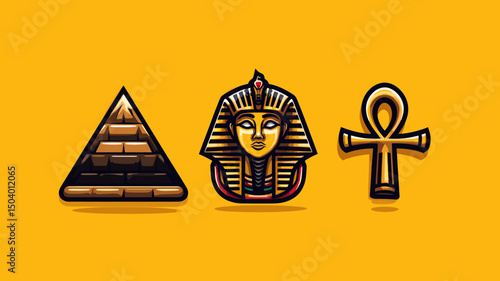Egyptian symbols featuring a pyramid, pharaoh, and ankh on a vibrant background