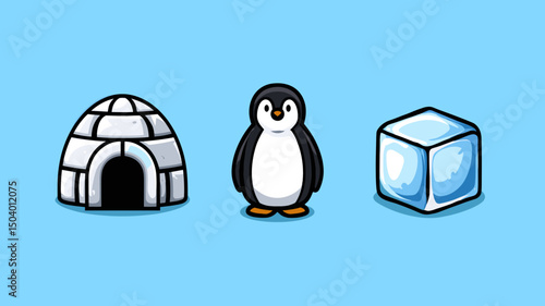 Cartoon penguin standing next to igloo and ice cube in bright blue background illustration