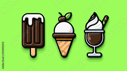 Delicious frozen treats displayed on a bright background with popsicle, ice cream cone, and sundae featuring chocolate and vanilla flavors