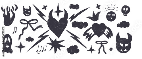 Rock and roll love story marker drawn set. Punk charcoal heart with devil and angel doodles. Scribble grunge elements. Heart, bows and sketchy graffiti art. Vector sketch charcoal illustration.