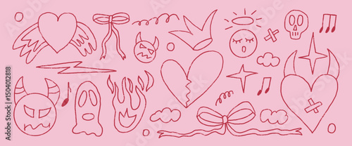 Rock and roll girly crayon drawn set. Punk coquette breaking heart and devil with angel doodle background. Scribble grunge poster elements. Heart, crown and sketch graffiti art. Vector illustration.