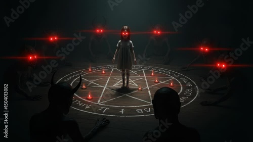 Child Surrounded by Demons in a Ritual Circle Creating an Eerie Atmosphere