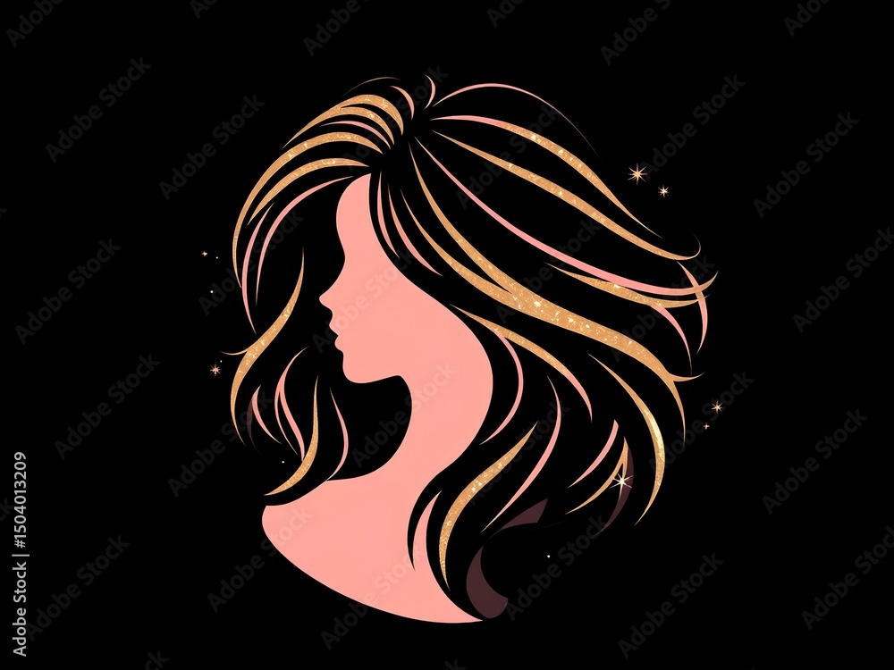 Elegant silhouette of a woman with flowing, styled hair accented with gold glitter and stars, set against a black background Elegant silhouette of a woman with flowing, styled hair accented with gold glitter and stars, set against a black background