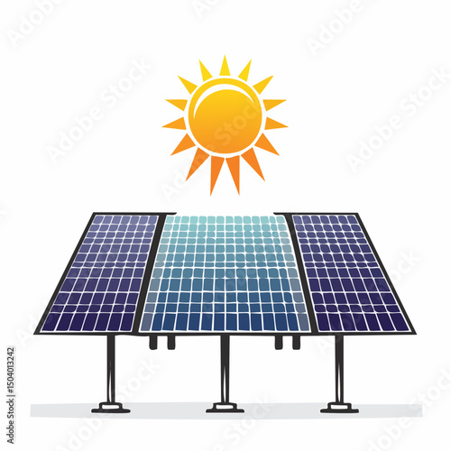 Set of a Solar Panel Silhouette, Featuring an Angled Photovoltaic Grid with a Sun Symbolizing Renewable Energy on white