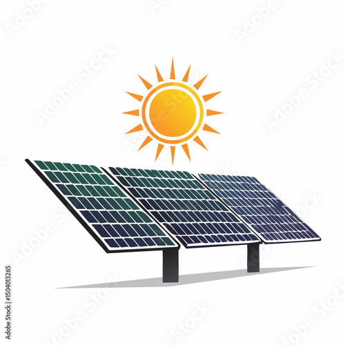 Set of a Solar Panel Silhouette, Featuring an Angled Photovoltaic Grid with a Sun Symbolizing Renewable Energy isolated on white.