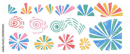 Firework crayon drawn set. Colorful party firecrackers and splashes in scribble doodle style isolated on white background. Carnival decoration. Vector freehand illustration by pencil and chalk.