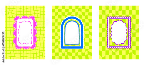 Retro funky arch and geometric frames with groovy checkerboard background. Set of fun neon colors borders with scallop edges. Text boxes and callout templates for invitation. Vector illustration.