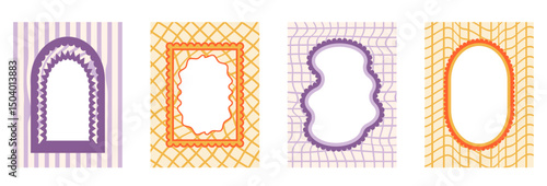 Retro funky frames with groovy checkerboard background. Set of fun kid borders with scallop wavy edges. Text boxes and callout templates for invitation. Vector purple and orange vintage doodles.