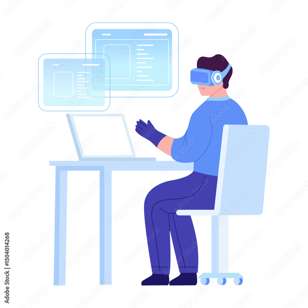 A flat style illustration showing vr coder A flat style illustration showing vr coder