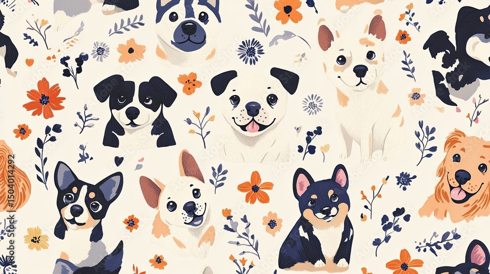 Obraz premium Floral Companions: Seamless Pattern of Illustrated Dogs with Botanical Accents