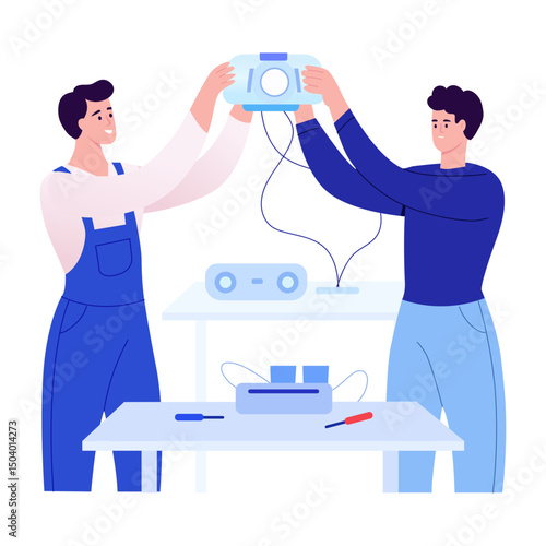 A flat style illustration showing engineer assembling