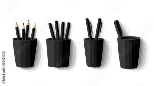 Arrangement of Black Writing Instruments in Minimalist Desk Containers on a Clean White Background