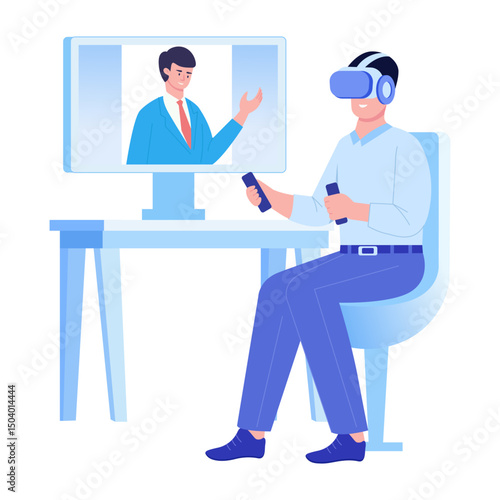 A flat style illustration showing a person taking virtual interview