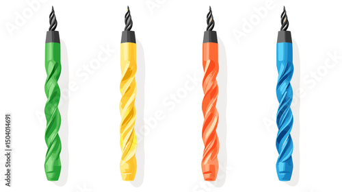 Brightly Colored Spiral Candles in Green, Yellow, Orange, and Blue on a White Background