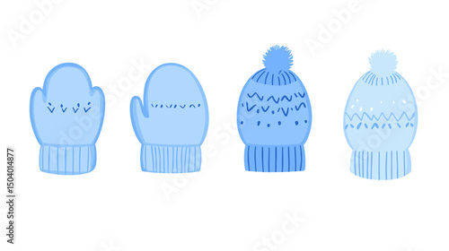 Collection of Blue Winter Mittens and Hats with Unique Patterns and Pom Poms