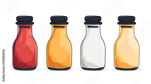 Collection of Colorful Condiment Bottles Including Ketchup Mustard and Mayonnaise on White Background
