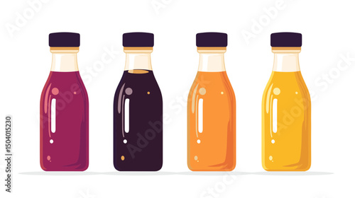 Collection of Colorful Glass Juice Bottles in Various Flavors Displayed on a White Background