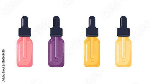 Collection of Colorful Serum Bottles with Dropper Caps on a White Background