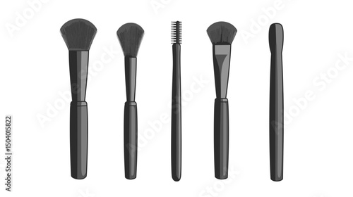 Collection of Five Different Makeup Brushes for Beauty Application on Clean Background
