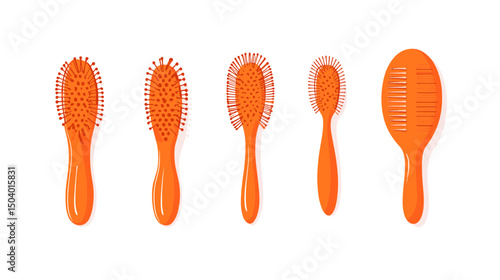 Collection of Five Different Orange Hair Brushes for Styling and Grooming Tools Display